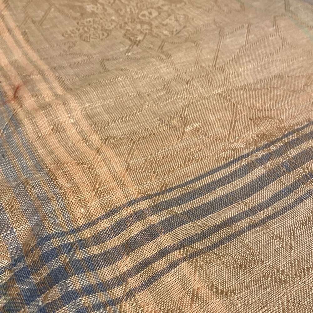 FABRIC 6-7 yds. Neutral pastel jacquard Light beige background w/ pastel plaid